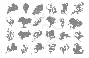 Smoke clouds silhouettes. Vector vapour icons set. Steam illustration. Steam and vapour, smoke and gas smell cloud
