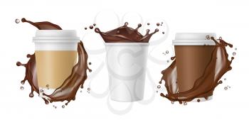 Takeaway coffee. Vector coffee splashes and white realistic paper mug. Cup of chocolate, coffee drink mug, splash and fresh, take away illustration