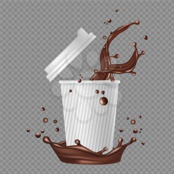 Takeaway coffee. White paper cup, coffee splashes. Vector realistic hot chocolate illustration. Paper realistic cup of coffee, beverage chocolate