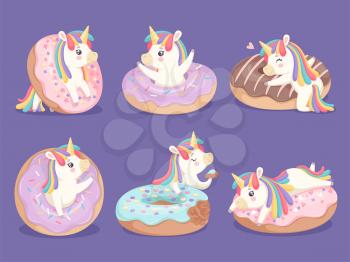Unicorn dessert. Magic cute little rose pony with donuts cupcakes sweets vector characters. Horse charming with horn, imaginative pony cheerful illustration