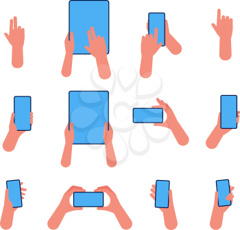 Phone hand. Hold smartphones and tablets pointing on touch screen vector flat hands illustrations. Smartphone screen and tablet touch finger