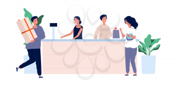 Customer service concept. Shoppers with products standing at counter. Vector store team male female flat characters. Illustration cashier woman and man worker, checkout saleswoman