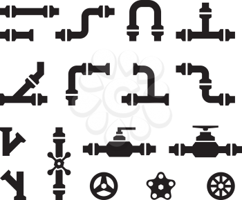 Pipe icons. Metal industry water pipelines valve constructions connectors steel vector pipes silhouettes. Part of pipe tube, pipeline for water illustration