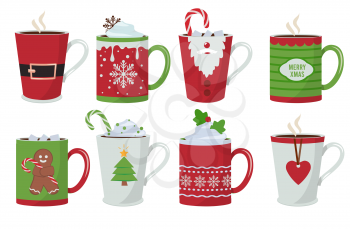 Christmas cup. Holiday hot coffee drinks mug decoration vector christmas design. Christmas drink coffee and chocolate, tea hot illustration