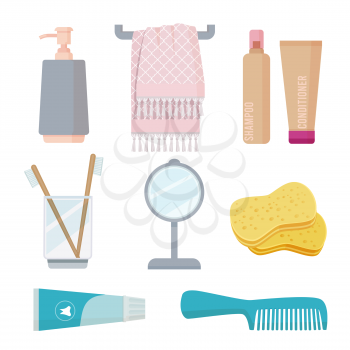 Bathroom accessories. Personal hygiene items toothbrush paste sponge towel gel soap vector cartoon set. Toothbrush and bathroom, soap and paste, shampoo bottle illustration
