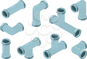 Pipe isometric. Industrial connection oil pipes with red valve vector isolated set. Illustration pipe isometric, metal equipment curve