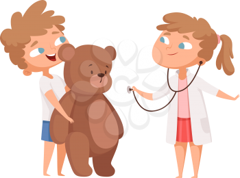 Children playing. Cute girl doctor and teddy bear patient. Kids play in hospital, medical game for little vector illustration. Teddy and doctor child, medicine play with toy