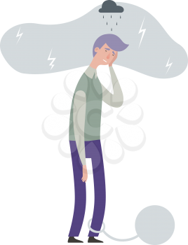 Male mental disorder. Tired man, frustrated and sad. Flat boy, rainy cloud bad health. Difficulties and obligations metaphor vector illustration. Mental problem and depression, unhappy man and tired