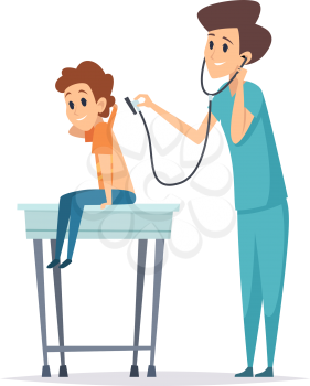 Pediatrician diagnosis. Boy visit doctor, hospital patient. Flat child with nurse, health protection or kids flu prevention vector illustration. Pediatrician diagnosis child, health checkup patient
