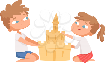 Sand castle. Boy girl build home on beach. Cartoon children playing on vacation, flat cute kids vector characters. Summer sand activity, castle build illustration