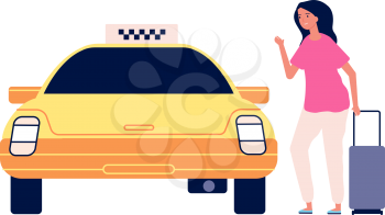 Traveller and taxi. Road to airport, young woman with suitcase get in yellow car. Isolated female tourist vector character. Taxi transportation, road to airport illustration