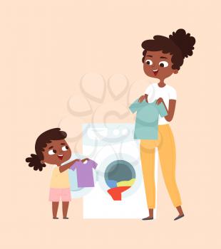 Washing clothing. Parents children cleaning house. Happy afroamerican daughter and mother with t-shirt near wash mashine vector illustration. Housework daughter, child girl, family together washing