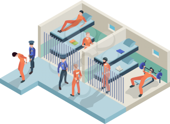 Jail interior. Prisoners sitting in cameras walking police guards in jail rooms inmate persons vector isometric. Illustration prison interior with police person and prisoner criminal