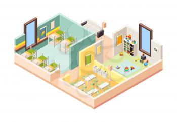 Kindergarten interior. Playground room preschool building with kitchen lessons game place and bedroom little kids vector 3d interior. Illustration kindergarten interior, playground room and dinning