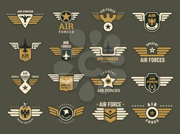 Army badges. Air special forces emblems with different symbols weapons wings anchor vector military set. Illustration military emblem, army air force insignia