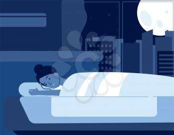 Female insomnia. Woman in bed, girl at night cant sleep. Mental problems, psychology disorder vector illustration. Female insomnia in bed, thinking in darkness at bedroom