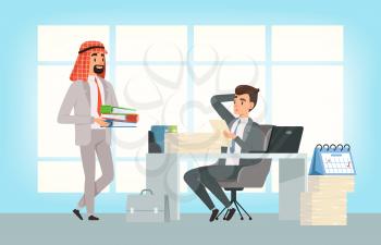 International business partners. Arab businessman and manager, deadline and new tasks. Office center, workers vector illustration. Business partnership, businessman work meeting