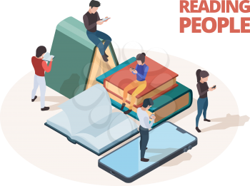Reading people. Study persons with books newspapers and smartphones reading in library vector isometric concept. Education student, learning and reading book illustration