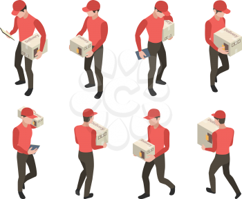 Delivery characters. Couriers with packages boxes cargo service workers in cap and uniform vector delivery people. Worker with package, courier in cap with box illustration