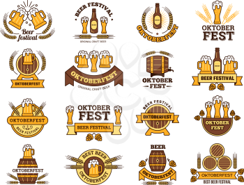 Oktoberfest logo. Traditional beer festival emblems with alcoholic drinks pictures lager pub vector elements template. Beer alcohol drink, emblem festival oktoberfest. Vector illustration