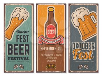 Beer festival invitation. Oktoberfest vintage banners with pictures of craft beers lager germany bavaria pub drink menu vector retro . Oktoberfest invitation, pub poster vintage illustration