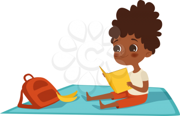 Girl reading. Afroamerican child with book and backpack sits on plaid. Summer activity, self education and entertainment vector illustration. Girl with book learning and reading