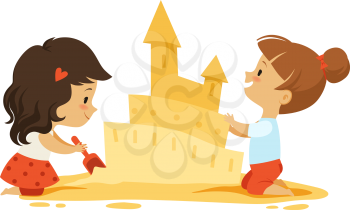 Sand castle. Little girls play in sandbox or on beach. Isolated kids outdoors vector characters. Cartoon girl leisure and play in sandbox, building castle