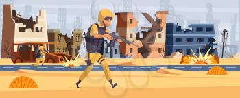 War background. Soldiers with machine guns, explosions in city. Military action, aggression and destruction vector illustration. Military soldier, army and war battle, armed conflict