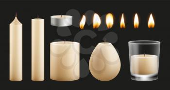 Candles kit design. Realistic wax base of different shapes and flames. Burning lights vector set. Illustration fire candle, candlelight realistic