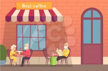 European street cafe. Elderly travellers drink coffee on terrace. Old people with luggage relax vector illustration. Street cafe european, city building restaurant