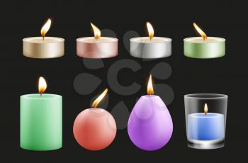 Realistic candles. Colorful wax festive burning decorations. Christmas New Year birthday elements vector illustration. Wax candle, candlelight transparent and bright