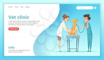Vet clinic landing. Doctor exam happy domestic dog puppy healthcare specialist vector web page template. Vet clinic, veterinary professional doctor illustration