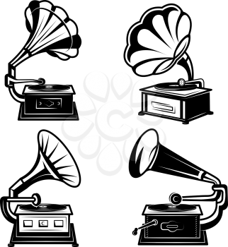 Gramophones. Vintage music players with vinyl records retro phonograph box song equipment vector monochrome collection. Music gramophone sound, retro phonograph illustration