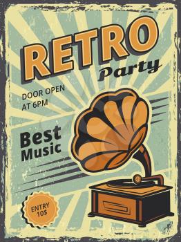 Retro party. Invitation poster with gramophone and vinyl records music vector placard. Retro music invitation party, graphic gramophone with vinyl illustration