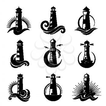 Lighthouse logo. Business stylized marine symbols oceanic waves sea icons with silhouettes of lighthouse. Logo sea business, architecture silhouette illustration
