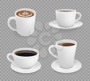 Coffee cup. Breakfast hot drinks espresso cappuccino with foam cup vector realistic. Illustration breakfast drink, caffeine black, foam cappuccino