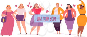 Body positive. Plump women, oversize model girls with placard love your body. Cute fat female characters vector illustration. Oversize woman, people weight attractive