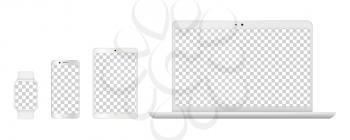 Device mockups. Realistic white laptop, smartphone tables and smart clock. Isolated gadgets with transparent screens vector illustration. Laptop computer monitor, mockup notebook and screen phone