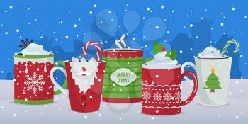 Hot drinks. Winter Christmas mugs background, holiday cocoa coffee chocolate. New year festive decoration vector illustration. Christmas drink mug, holiday beverage chocolate