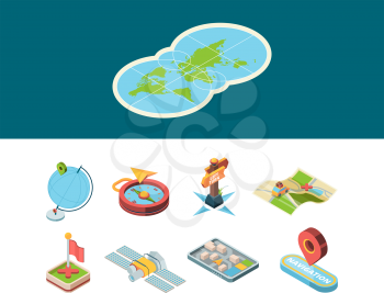 Navigation isometric icon. Map road smart navigator and sign route direction boards compass and navigation methods vector set. Isometric web location, marker 3d destination illustration