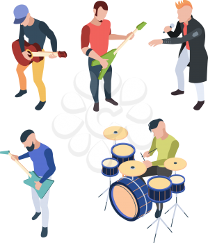 Rock band. Isometric musician people with instruments guitars drum and microphone vector rock concert characters. Concert rock, musician guitarist and microphone illustration