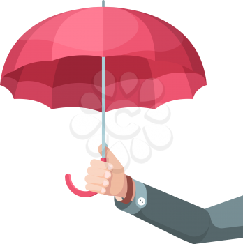Umbrella in hand. Concept picture businessman holding big umbrella protection symbols vector flat background. Businessman with umbrella, service insurance comfortable illustration