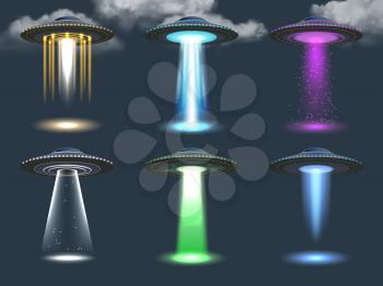Ufo spotlight. Cosmic transport ambient alien lighting realistic glowing effect from spaceship vector illustrations set. Ufo light alien ray unidentified spotlight