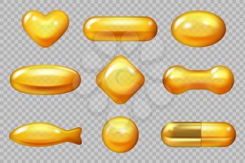 Realistic gold capsule. Dropping yellow capsule for hair natural products vitamin e omega vector 3d illustrations. Oil liquid essential, realistic essence golden capsule