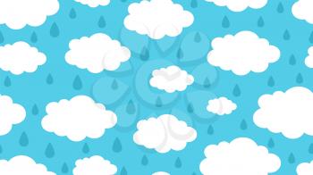 Rainy clouds pattern. Season weather, rain drops and white cloud vector seamless texture. Cloud weather season, rain nature wallpaper illustration