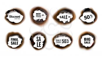 Burned hole. Realistic sale and discount banners with charred edges vector illustration. Discount advertising, sale and good deal promo