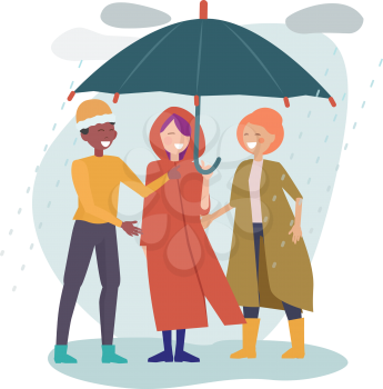 International friendship. Multicultural friends stand together under one umbrella. Rainy day, happy man woman in autumn clothes vector illustration. Umbrella protection, protect form rain