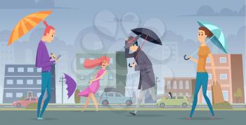Rain in city. People walking with umbrella in urban landscape vector background seasonal concept. Illustration storm city, nature weather outdoor