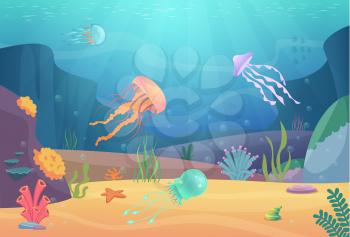 Underwater life. Ocean landscape with fishes and beautiful jellyfish aquarium natural animals vector cartoon background. Life sea underwater with jellyfish and animal illustration