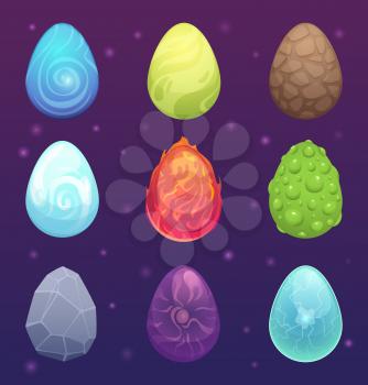 Dragon eggs. Magic fantasy colored items for games fairytale vector round eggs fiery dragon, oval form magic illustration